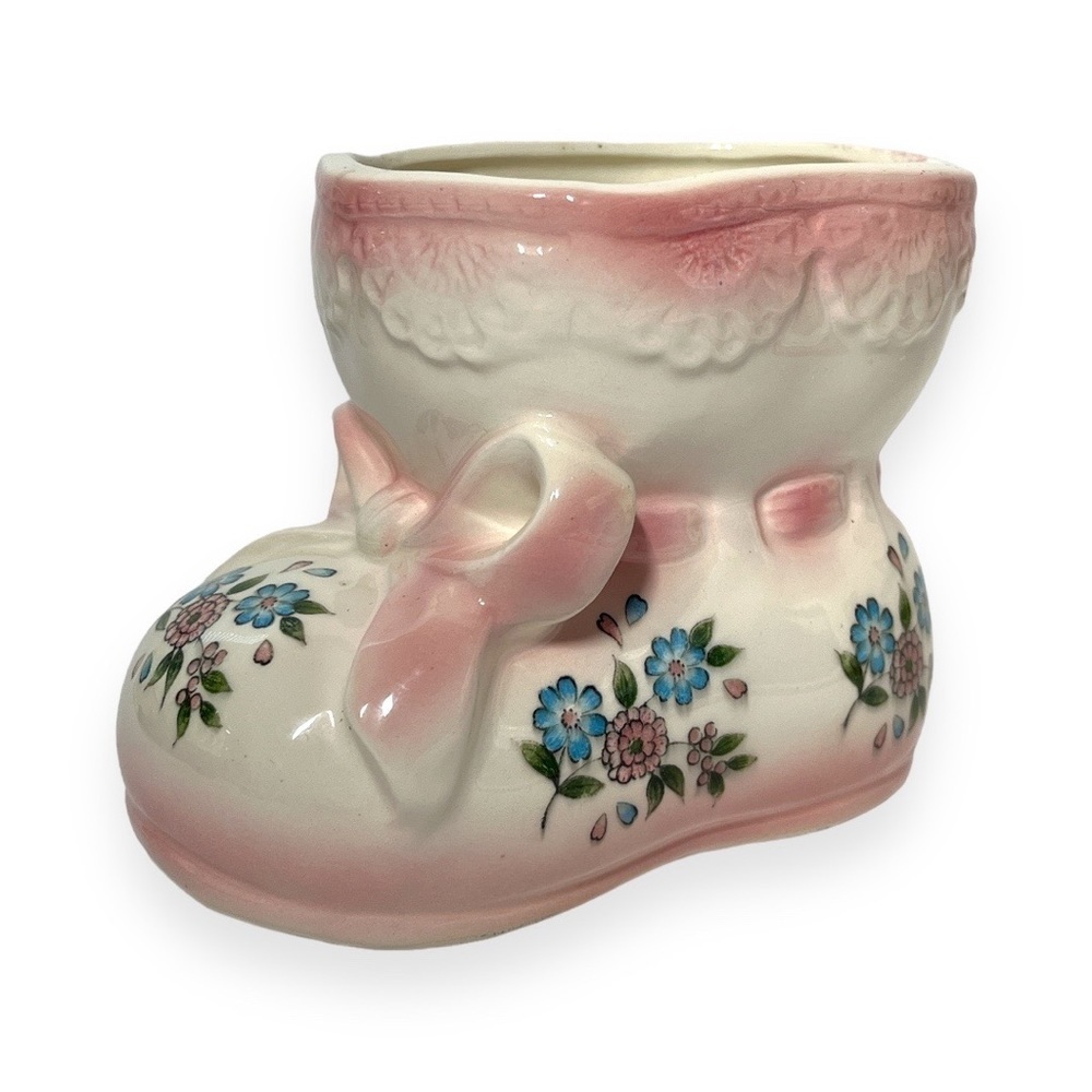 Inarco Baby Bootie Planter White, Pink And Blue With Floral Design Vintage Japan